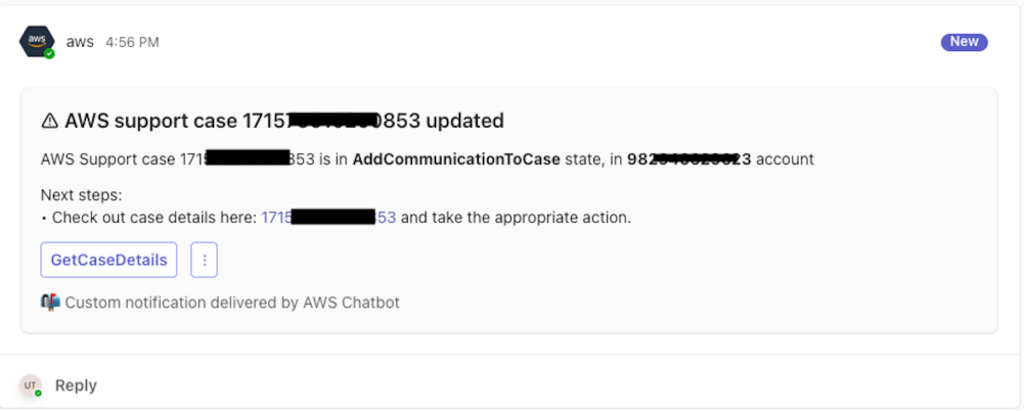 Snapshot showing auto. availability of the "GetCaseDetails" button for custom chat massage.