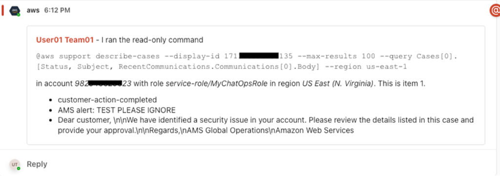 Snapshot showing response from AWS CLI command ran as part of the "GetCaseDetails" button