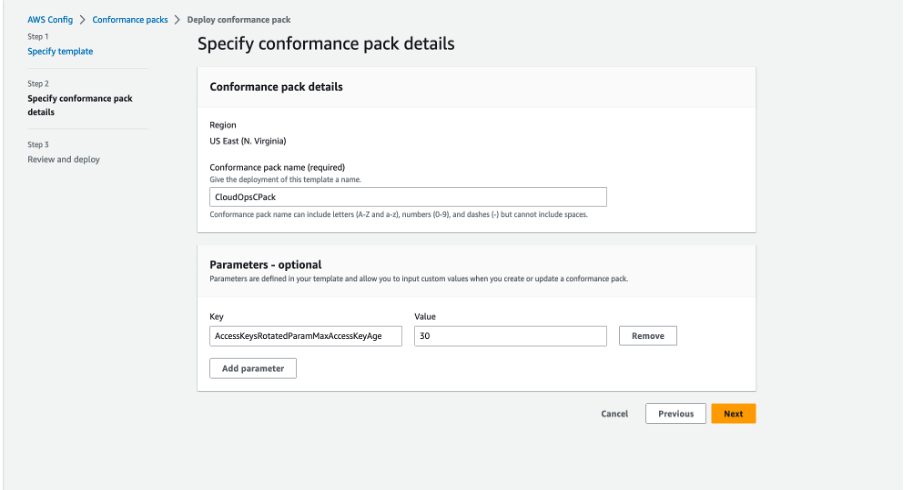 A screen shot of specifying conformance pack details in AWS console