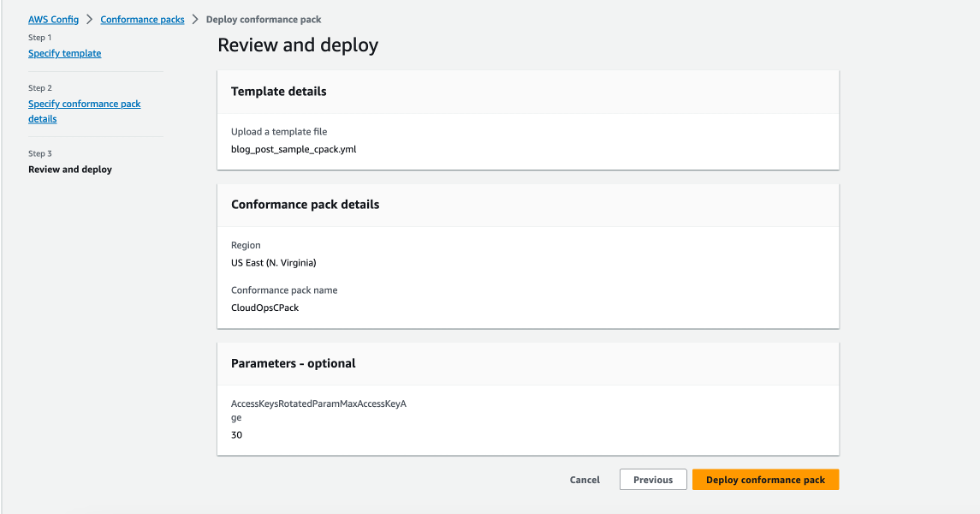 A screen shot of reviewing and deploying a conformance pack in AWS console