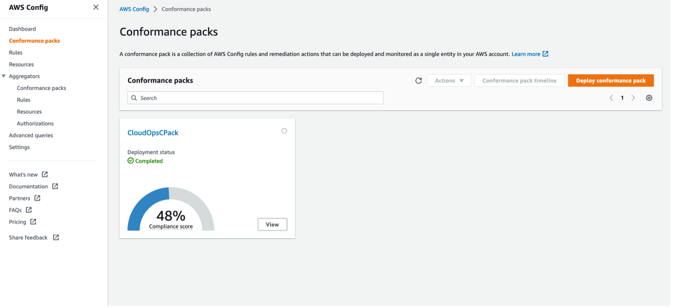 A screen shot of a conformance pack in AWS Config console