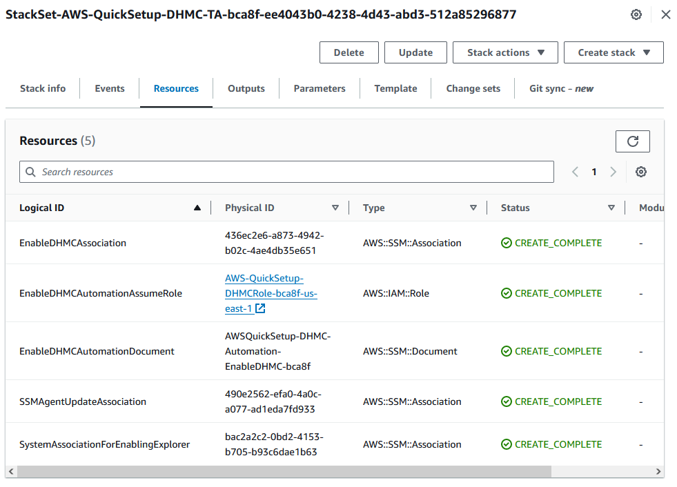 Figure 2. A screenshot of the resources deployed by CloudFormation for the DHMC Quick Setup configuration.