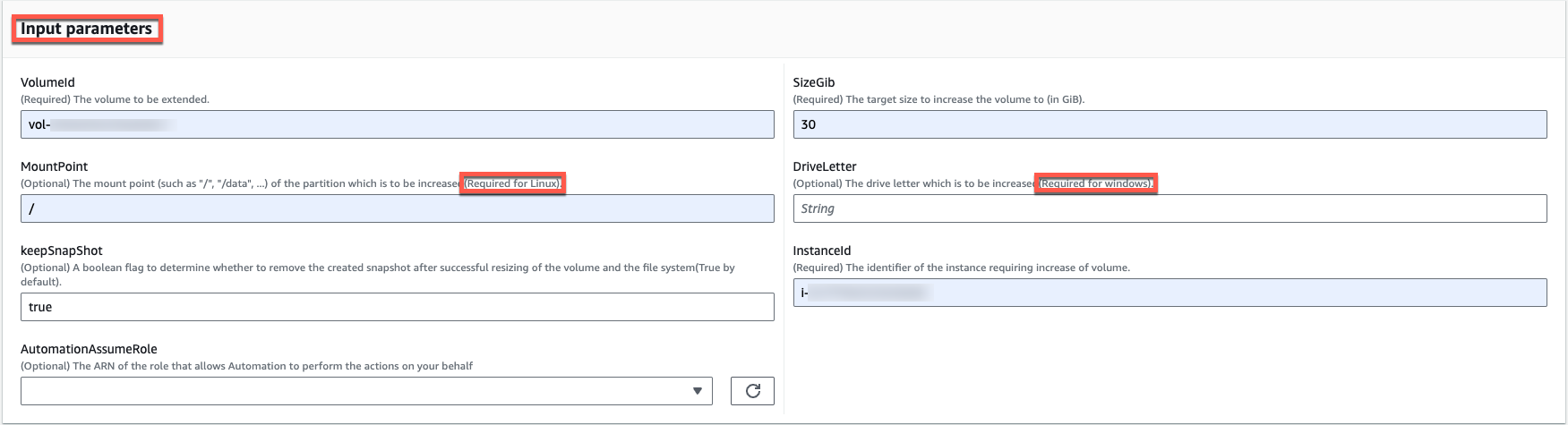 Input Parameters Window