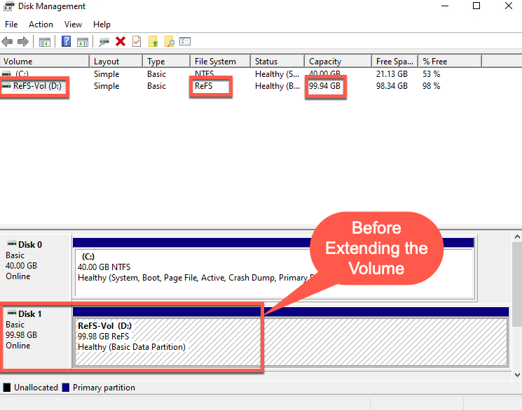 Figure 22-Before Extending ReFS Volume Size