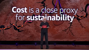 The image shows Dr Werner Vogels on stage as AWS re:Invent 2023 with a background text of “Cost is a close proxy for sustainability”. 