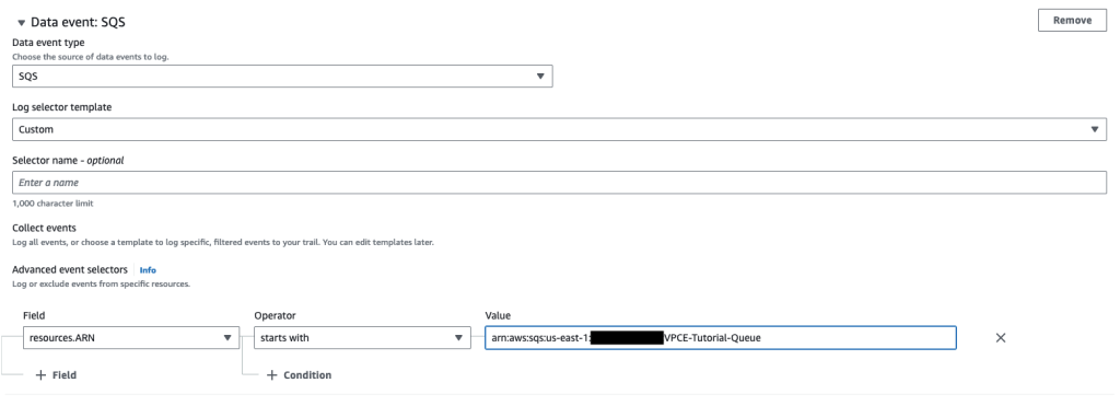 Data event screen displaying the advanced event selectors.