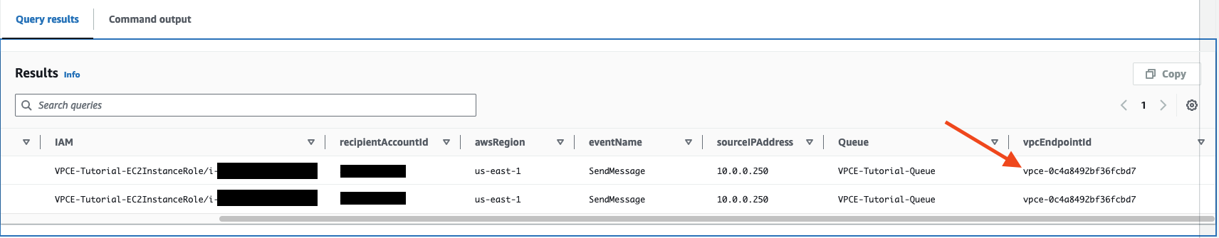 Query results screen displaying the results of the query.