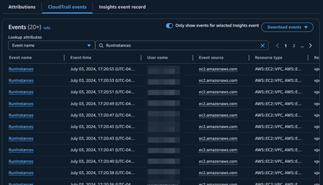 CloudTrail Insights event lists 