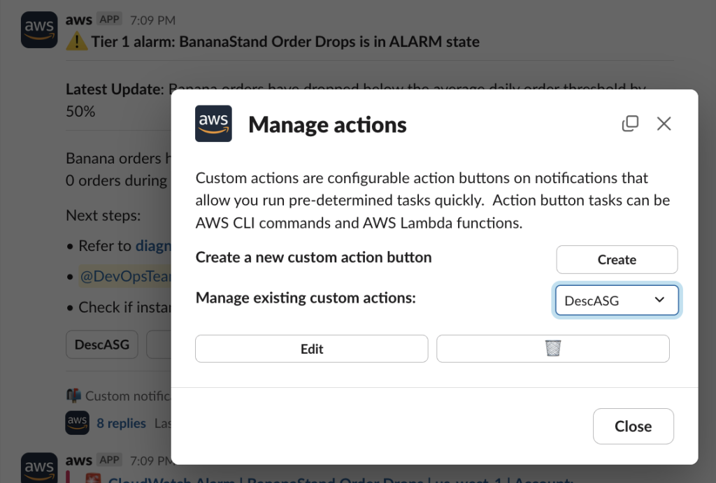 A modal dialog box to retrieve Amazon CloudWatch LogsInsights logs from chat channels is shown