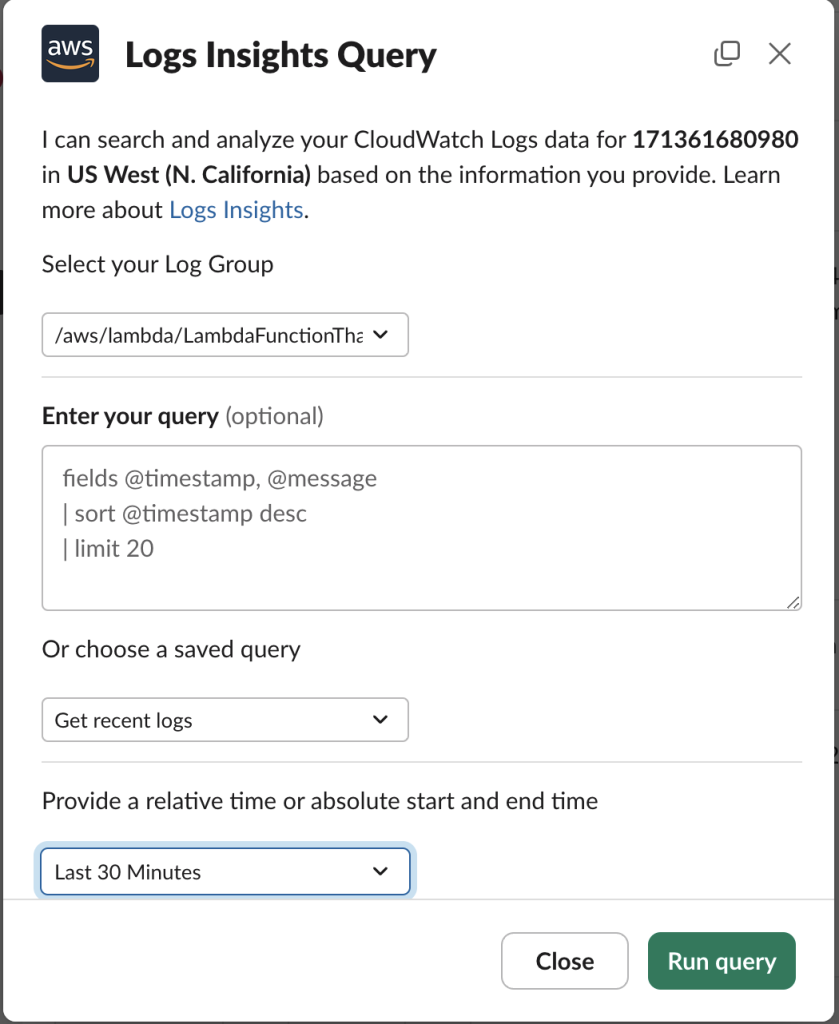 A modal dialog box to retrieve Amazon CloudWatch LogsInsights logs from chat channels is shown.