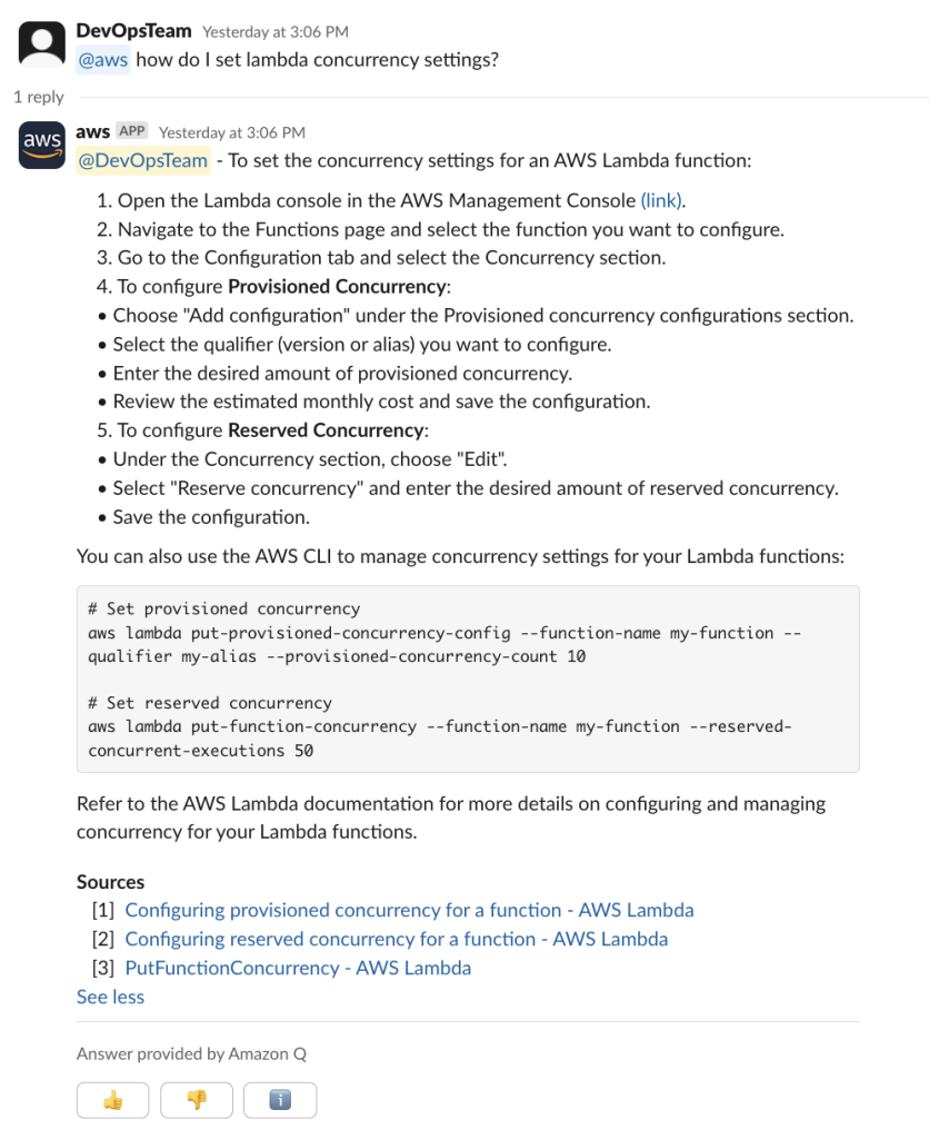 A sample interaction with Amazon Q in a Slack channel configured with the AWS Chatbot is shown