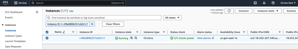 EC2 console showing new instance