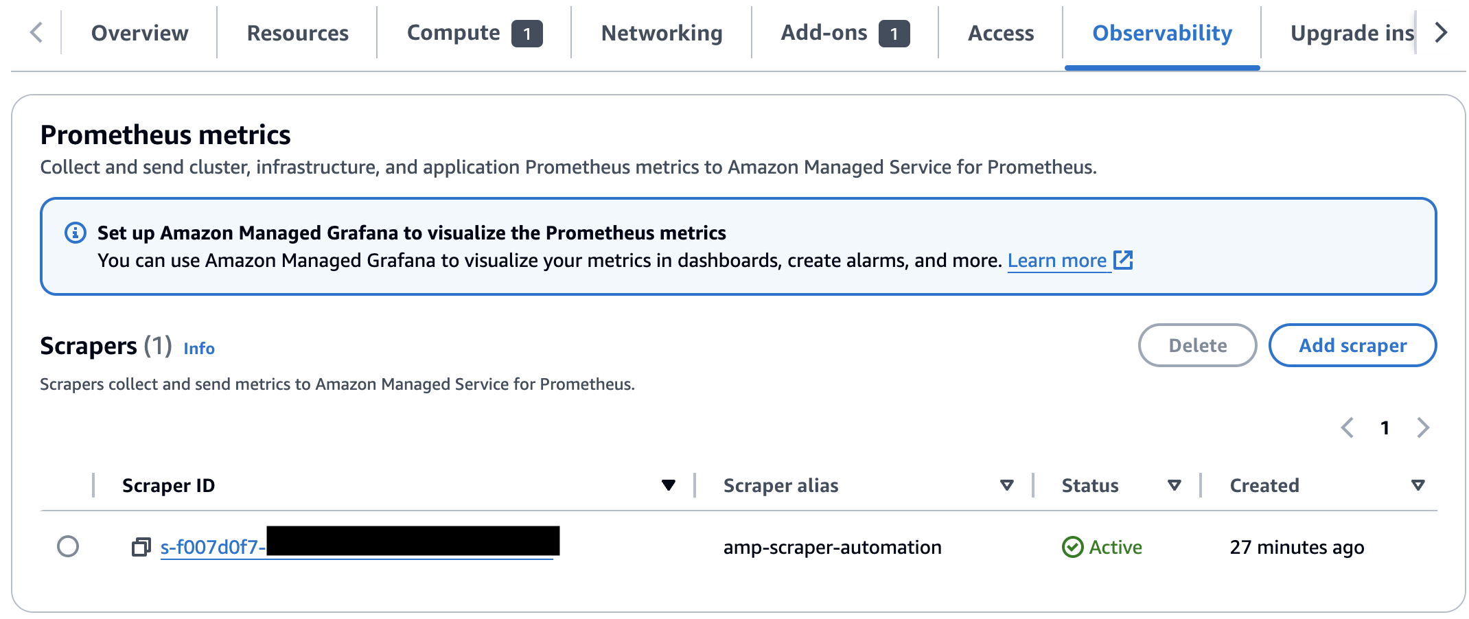 Figure 3 - View managed scraper in the Amazon EKS console