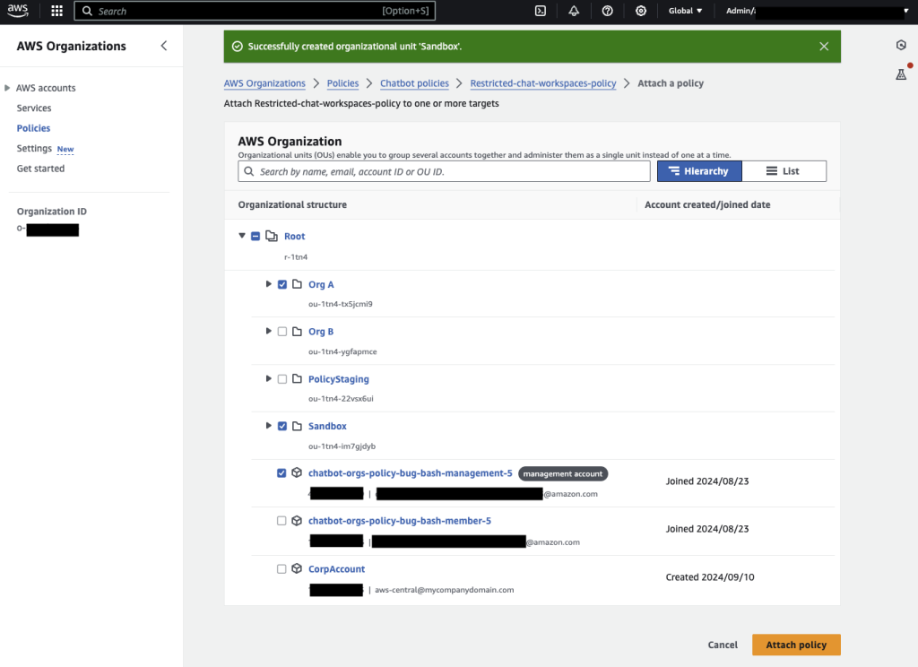 Page to attach AWS Organization targets to a chatbot policy are shown.