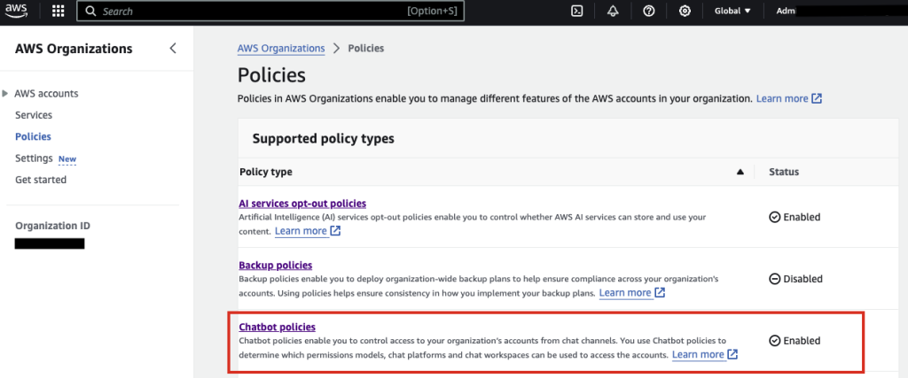 AWS Organizations console page to enable chatbot Organizations policy option is shown.