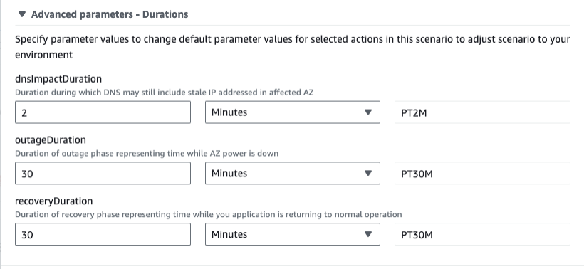 A screenshot showing advanced parameters for durations in a scenario analysis. It includes input fields to specify the duration in minutes for DNS Impact, outage, and recovery phases, with values of 2 minutes, 30 minutes, and 30 minutes respectively.