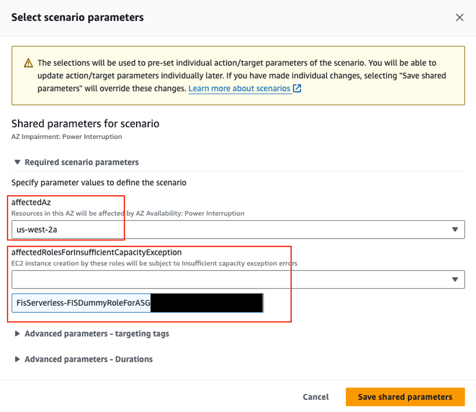 A screenshot showing scenario parameters selection for an “AZ Impairment: Power Interruption” scenario in AWS Fault Injection Service. It allows specifying the affected Availability Zone “us-west-2a” and roles for which EC2 instances may face insufficient capacity exceptions during the scenario, including a role titled “FisServerless-FISDummyRoleForASG”.