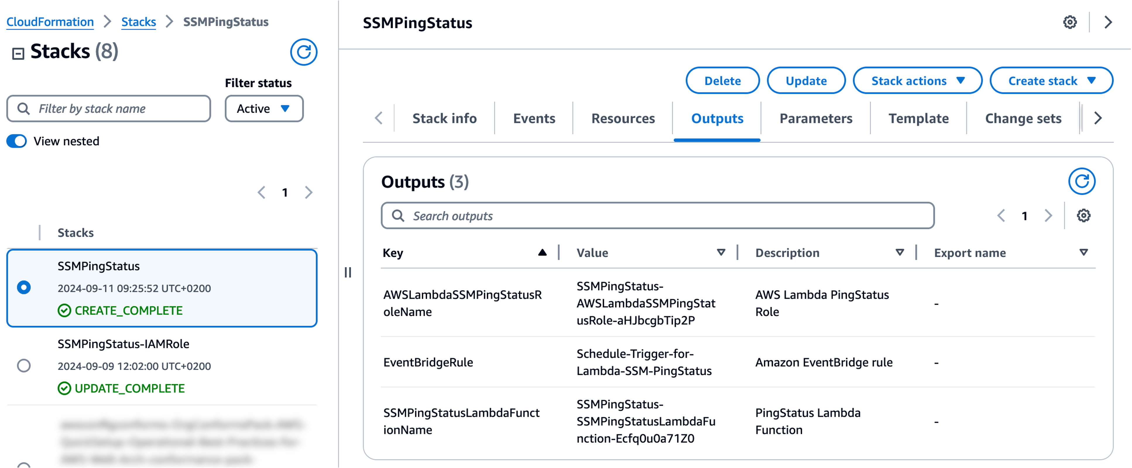 CloudFormation output resources (SSMPingStatus Solution)