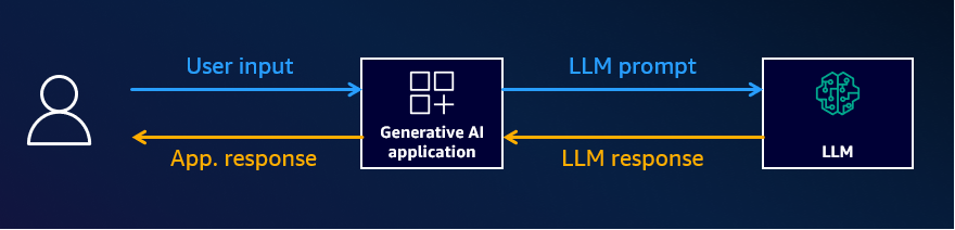 This is a screenshot of the application process flow. The user makes a request to the generative AI application. The application calls the LLM. The LLM sends a response to the generative AI application. The generative AI application sends a response to the user.