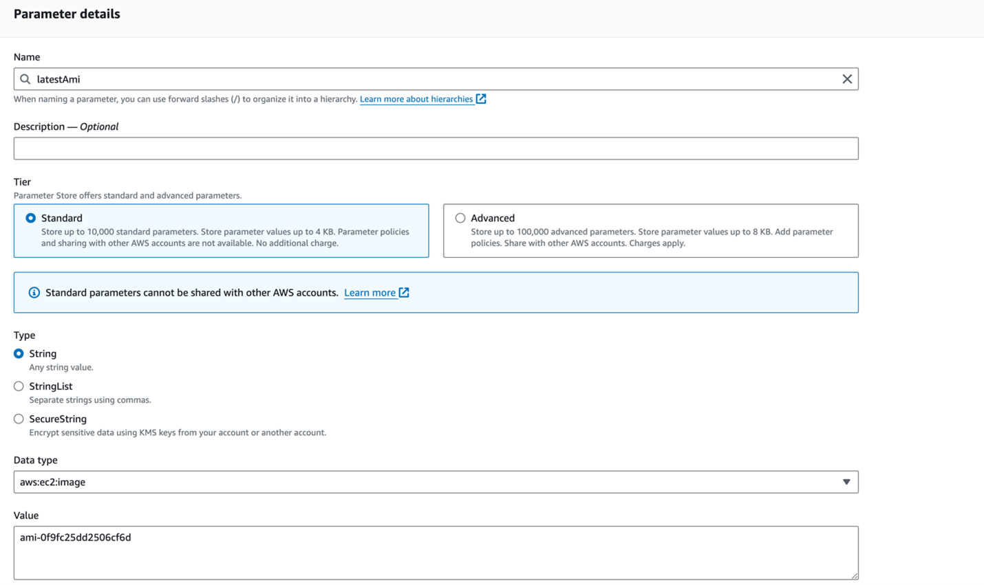 Enter the Parameter store details as shown.