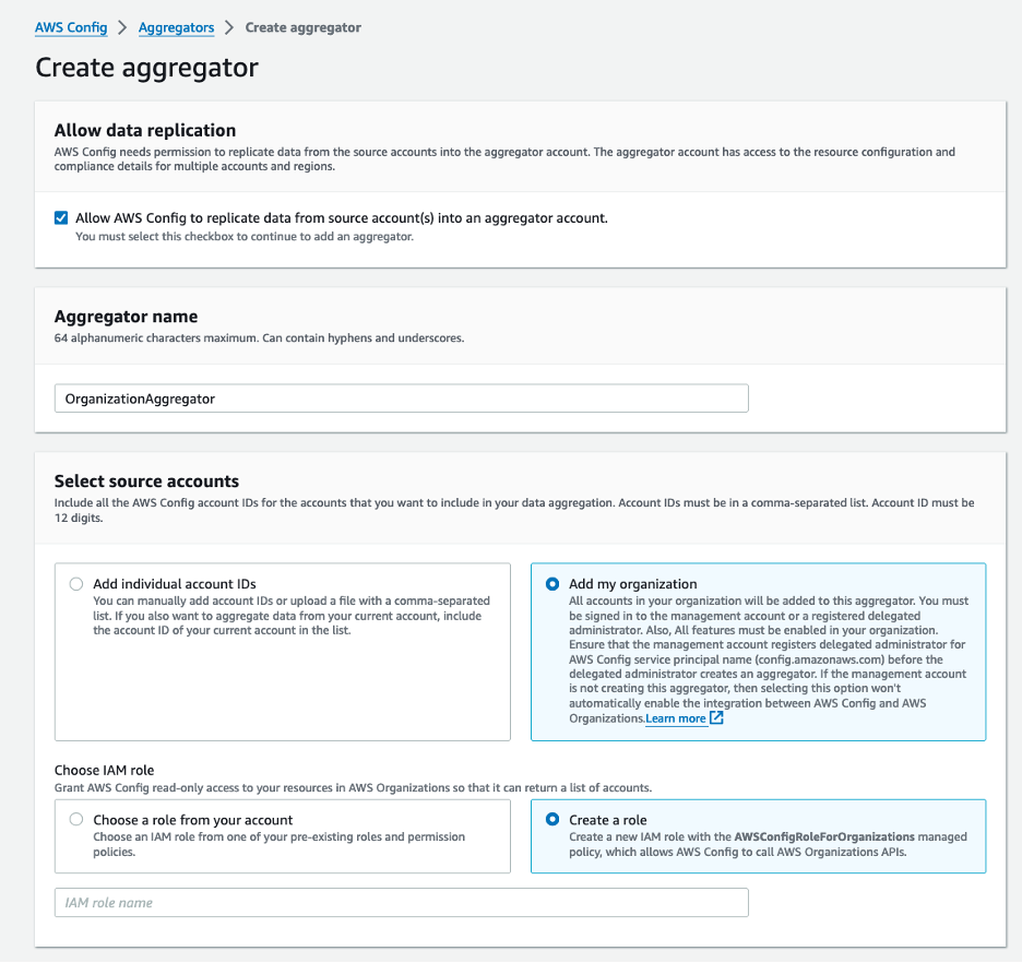 Configuring AWS Config aggregator for AWS Organization.