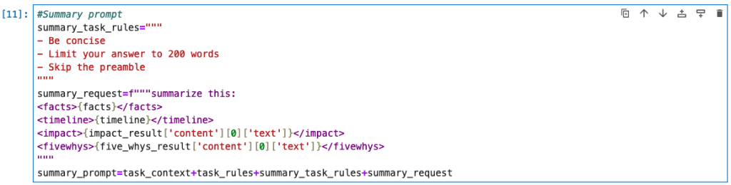 This is a screenshot of prompt engineering statements specific to the Summary section, being set to variables to be used in API calls to Amazon Bedrock.