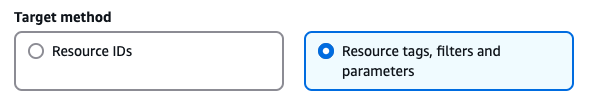 The image shows two options for the "Target method" in AWS Fault Injection Simulator: "Resource IDs" and "Resource tags, filters and parameters". The options are presented in separate boxes, with the "Resource IDs" option on the left and "Resource tags, filters and parameters" on the right.