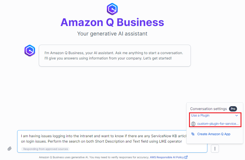 Web Experience Chat conversation with Amazon Q Business with Custom Plugin
