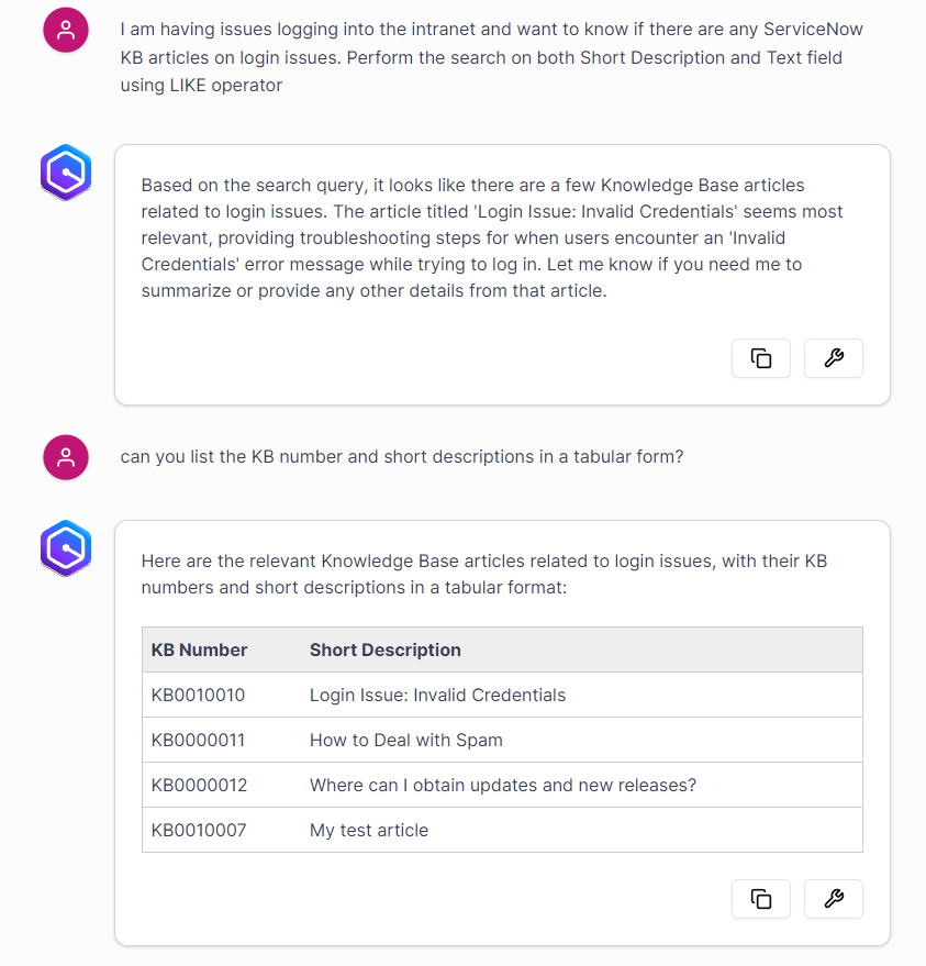 Conversation with Amazon Q Business to search for KB articles in ServiceNow