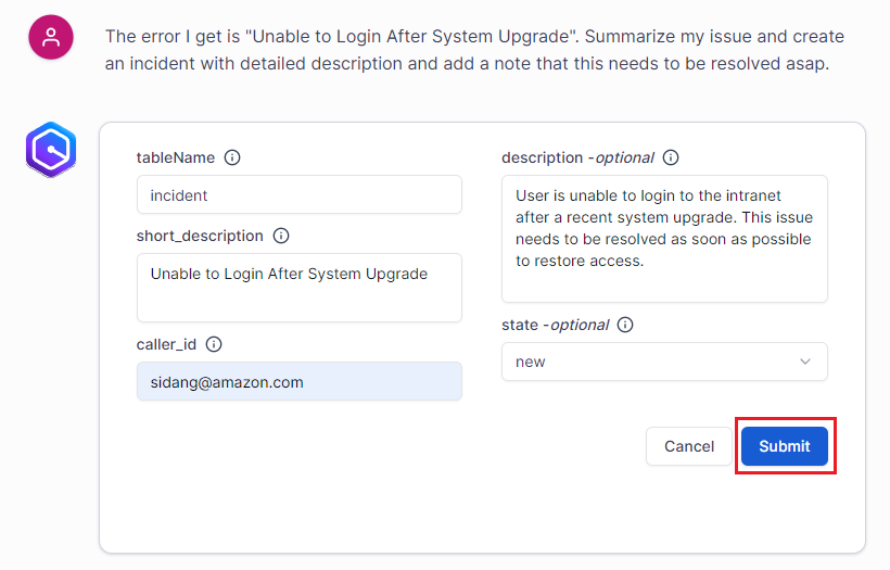 Amazon Q Business Create Service Now Incident