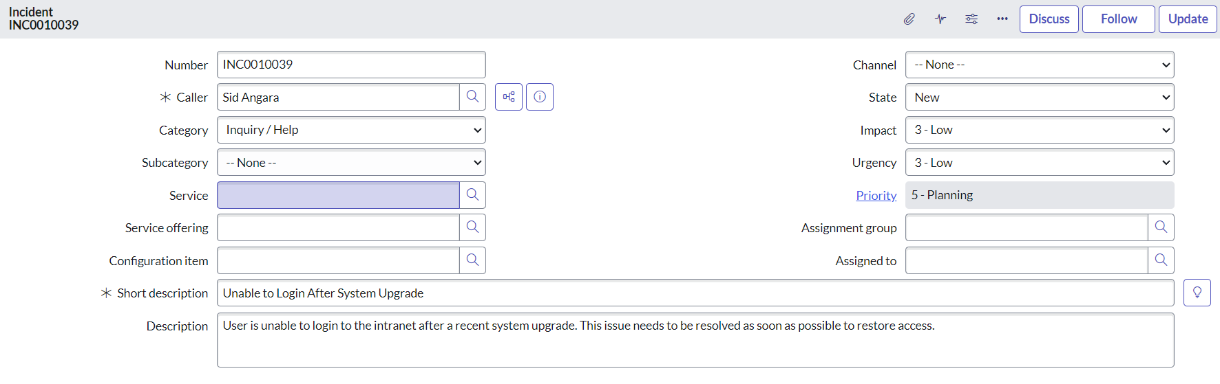 Shows ServiceNow Incident Created from Amazon Q Business