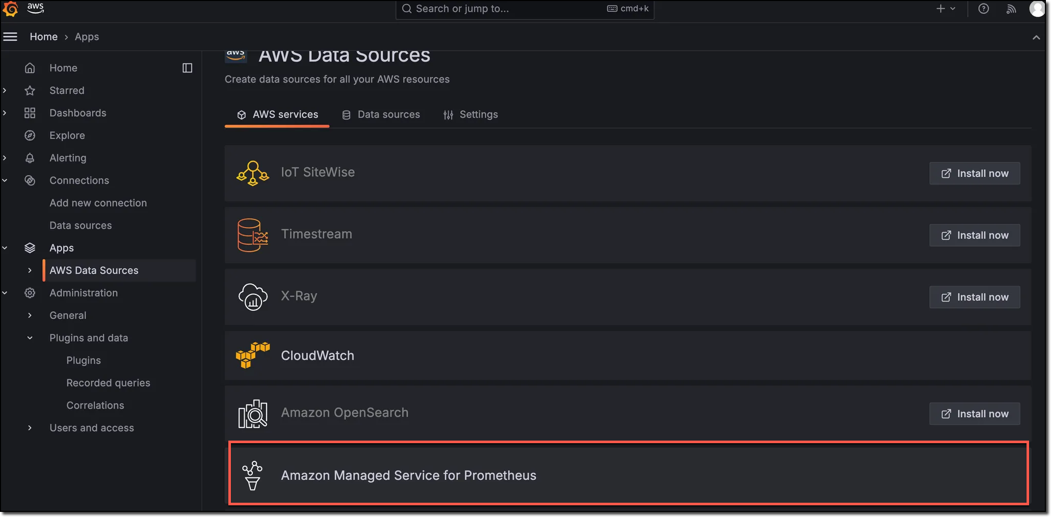 The AWS Data Sources tab of the Amazon Managed Grafana workspace displays a list of supported AWS data sources. At the bottom of the list is Amazon Managed Service for Prometheus.