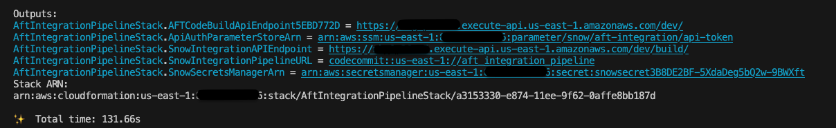 Figure shows the CDK deployment outputs once the CDK application deployment is complete.