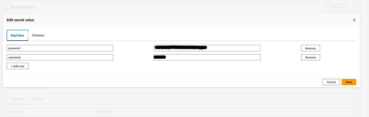 Figure shows the update to Secrets manager in the AWS Console with the Servicenow credentials.