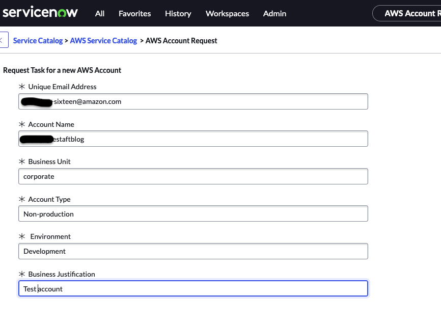 Figure shows the Service Now request form details that is submitted as part of Account vending request