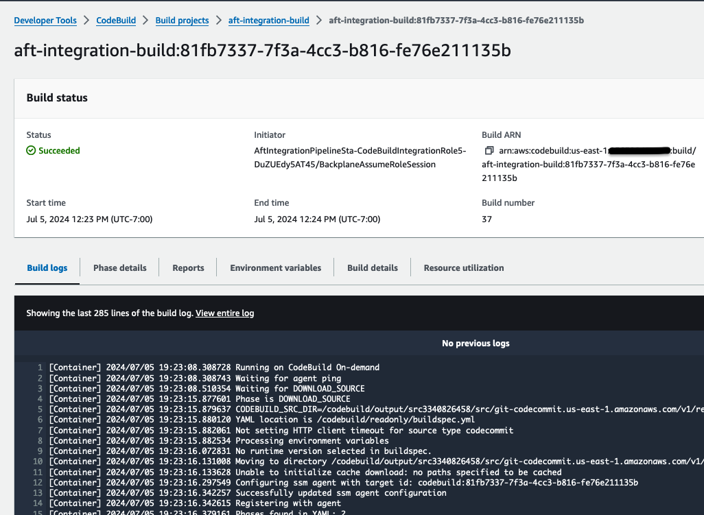 Figure shows the AWS CodeBuild Run for submitted account vending catalog request from service now on AWS Console.