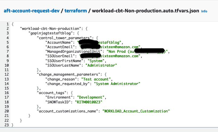 Figure shows the *.auto.tfvars file&nbsp; that is generated and added to account request repository after the CodeBuild run