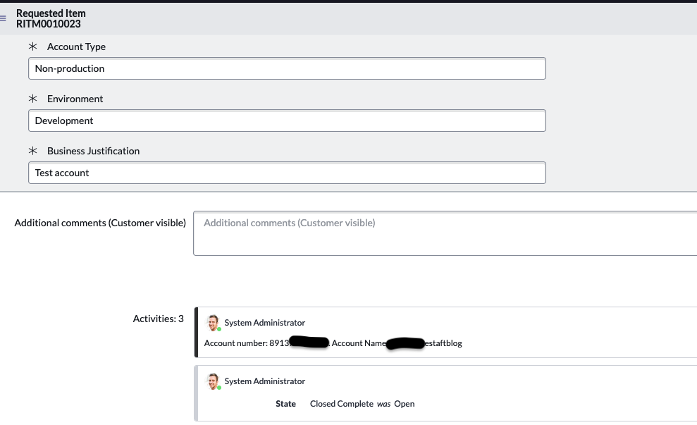 Figure shows successful closure of catalog request form in ServiceNow.