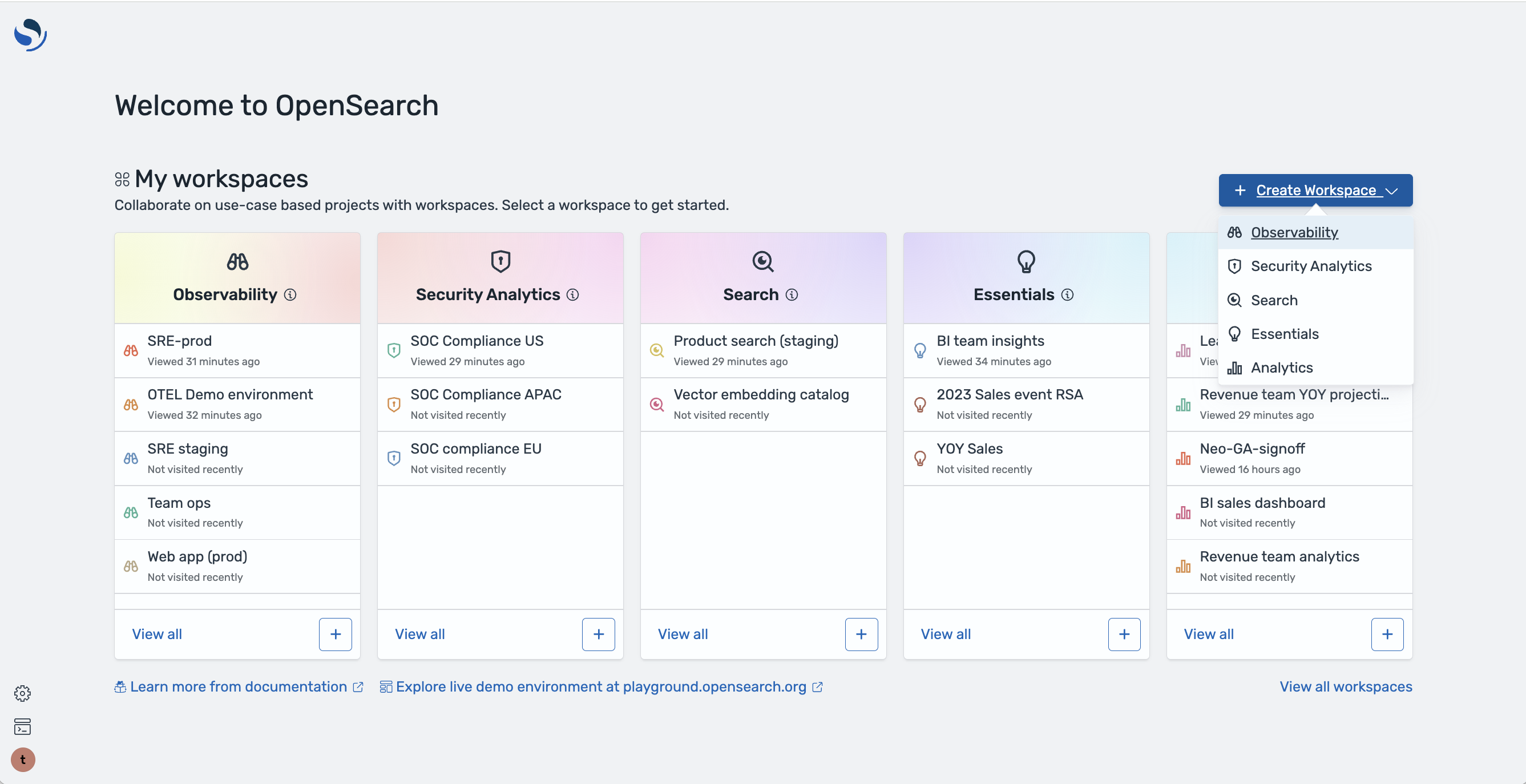 Screenshot of the NextGen OpenSearch UI experience which shows the workspaces broken up into different categories such as: Observability, Security Analytics, Search, and Essentials.