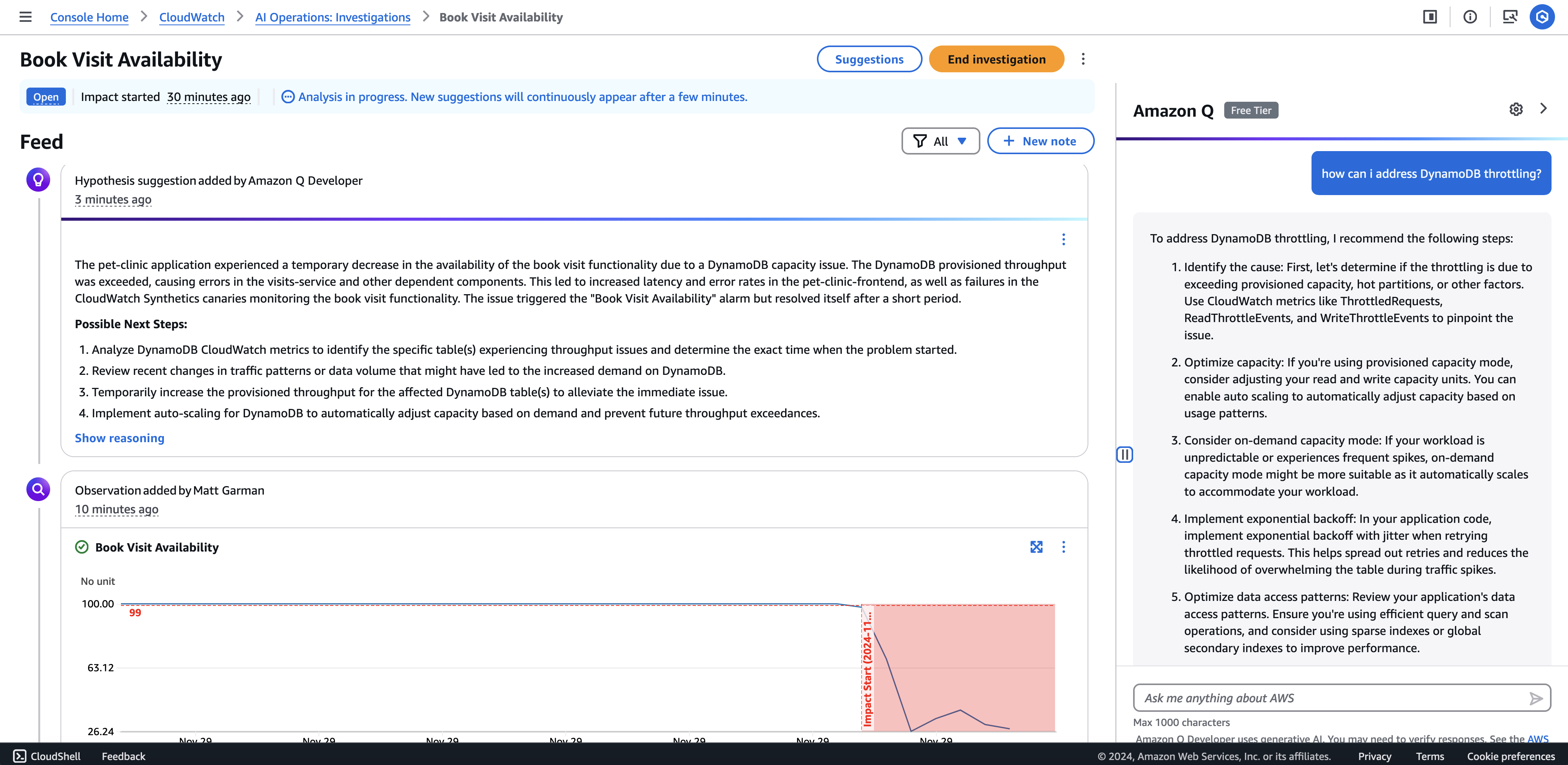 Screenshot of CloudWatch dashboard Investigate option.