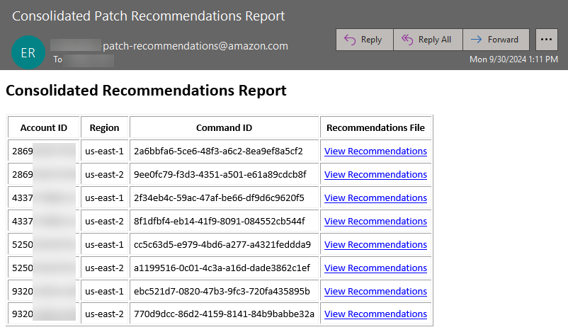 Example email report sent to operators including troubleshooting recommendations generated by Amazon Bedrock for failed patch operations.