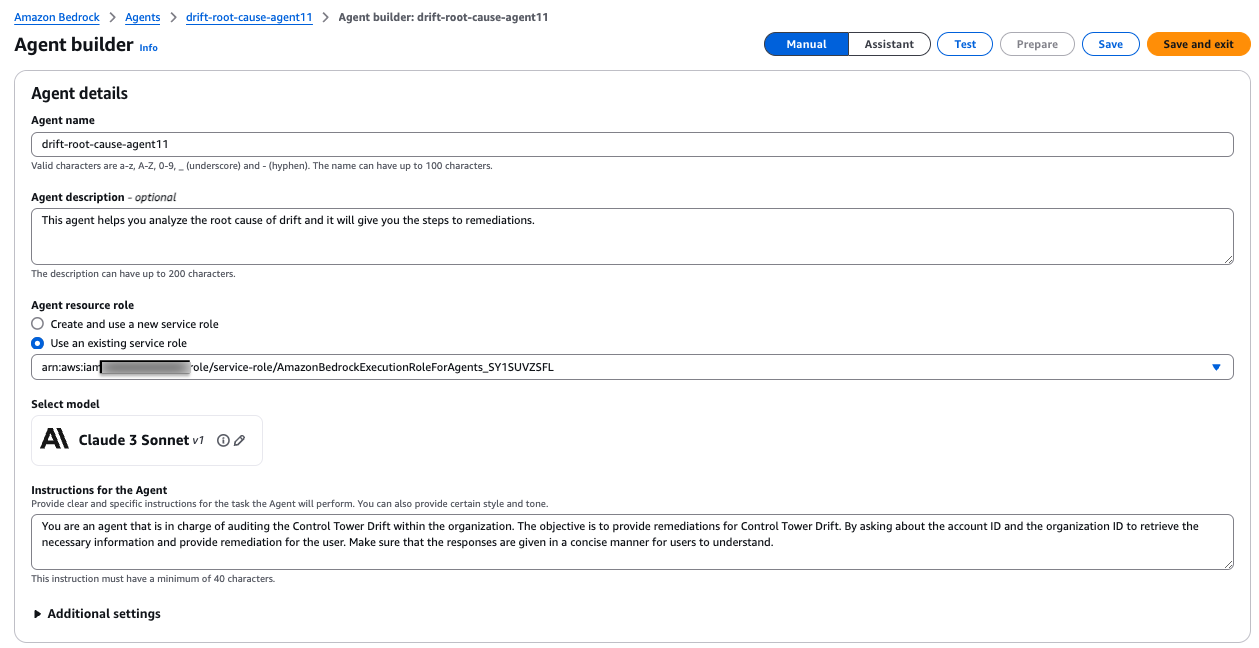 Amazon Bedrock Agent configuration details.