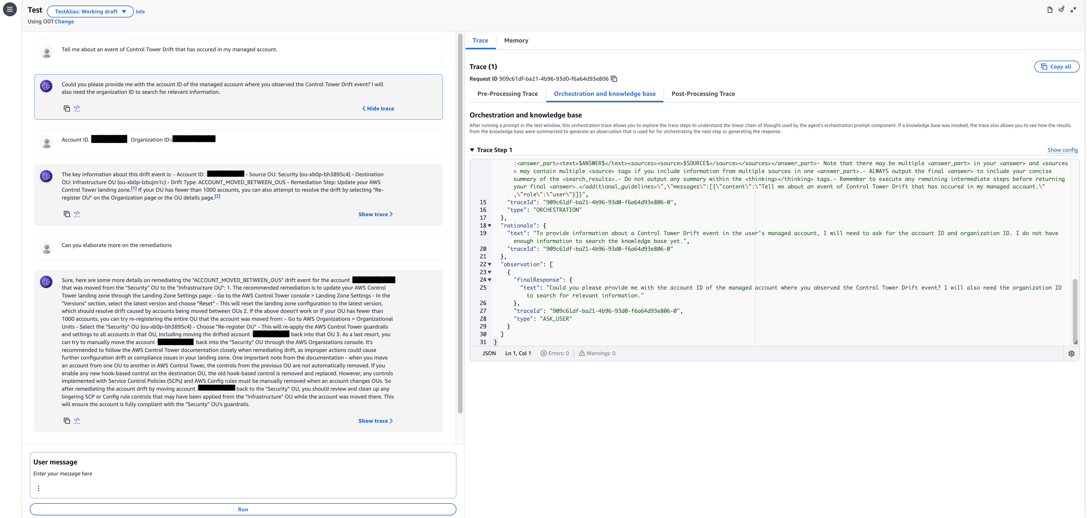Prompting the bedrock agent to provide remedation steps