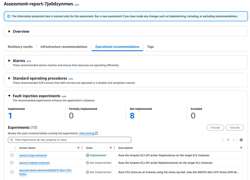 The Operational Recommendations tab in AWS Resilience Hub displays a list of recommended Actions. The aws:ec2:stop-instances fault injection experiment item is highlighted, showing its status has changed to Implemented. A green checkmark icon accompanies the status, visually confirming the experiment's successful execution.