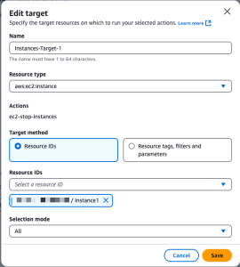 The AWS Fault Injection Service Target configuration dialog displays pre-populated information for an Amazon EC2 instance experiment. The dialog shows four main sections: Name (a unique identifier for the target), Resource type (set to aws:ec2:instance), Target method (indicating how resources are selected), and Resource IDs (listing specific Amazon EC2 instances). The Resource IDs field shows one pre-selected Amazon EC2 instance from the previously defined AppComponents, with an option to add more resources. This pre-filled Target configuration demonstrates the seamless integration between AWS Resilience Hub and AWS Fault Injection Service, while offering flexibility to expand the experiment's scope as needed.