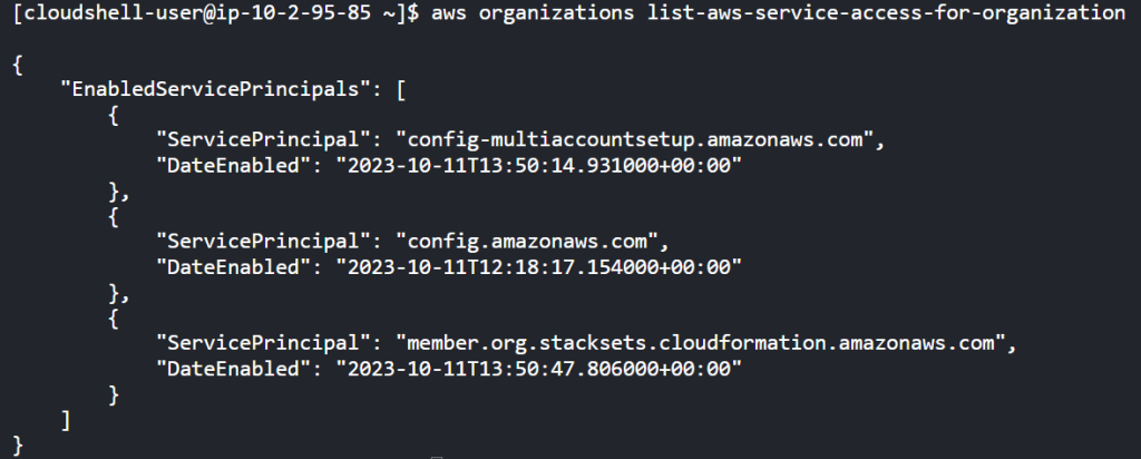 AWS CLI showing the service principals with an established trust relationship with AWS Organizations.
