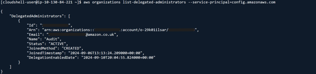 AWS CLI showing the delegated administrator for the AWS Config service principal.