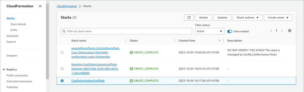 Under CloudFormation Stacks, the status of the stack deployment shows CREATE_COMPLETE meaning it has been successful. 
