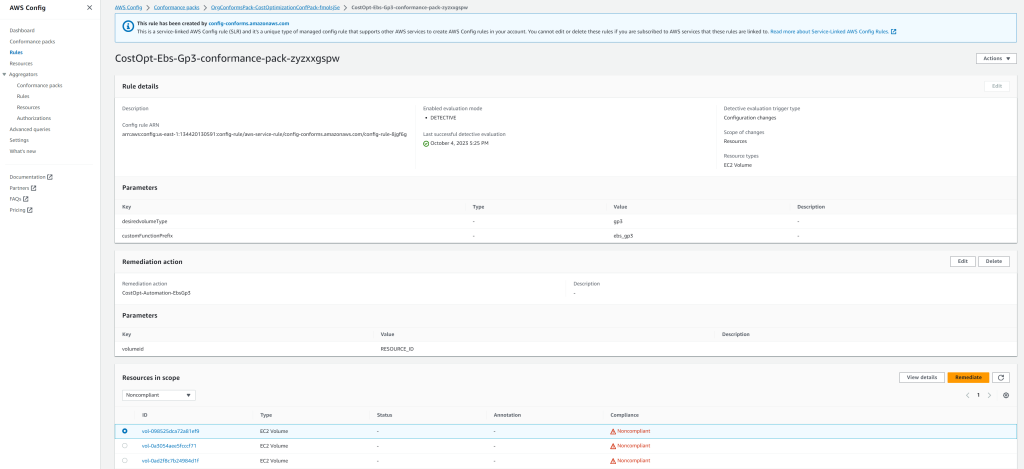 AWS Config Rules shows the status of individual rules and the resources that have been detected as either compliant or noncompliant. This example shows EBS volumes that are noncompliant as they are volume type gp2.