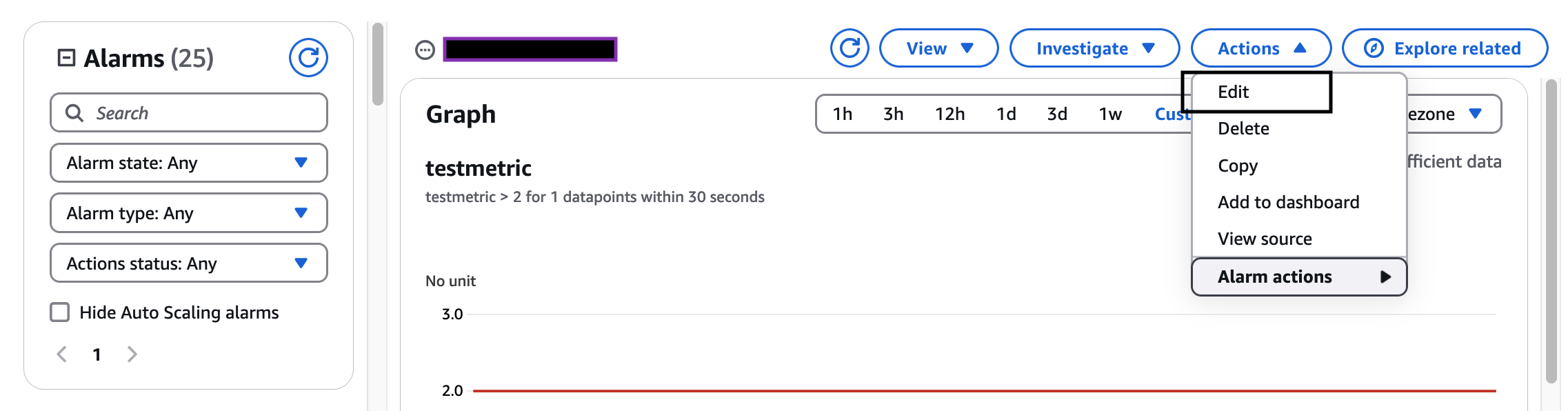 In the CloudWatch Console actions dropdown has Edit action to start the modification workflow 